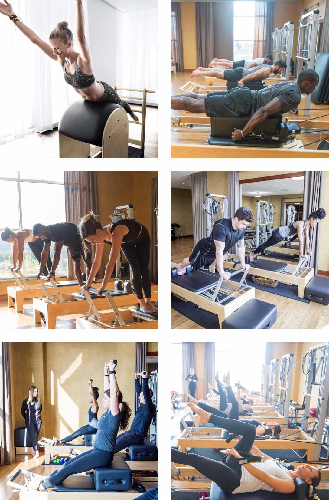 Group of people using Pilates reformer machines in a Pilates class at Life Time